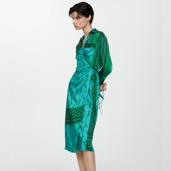 Mango Dresses & Skirts - Mango | Green and Blue Wrap Dress with 3/4 Bishop Sleeves for Cocktail